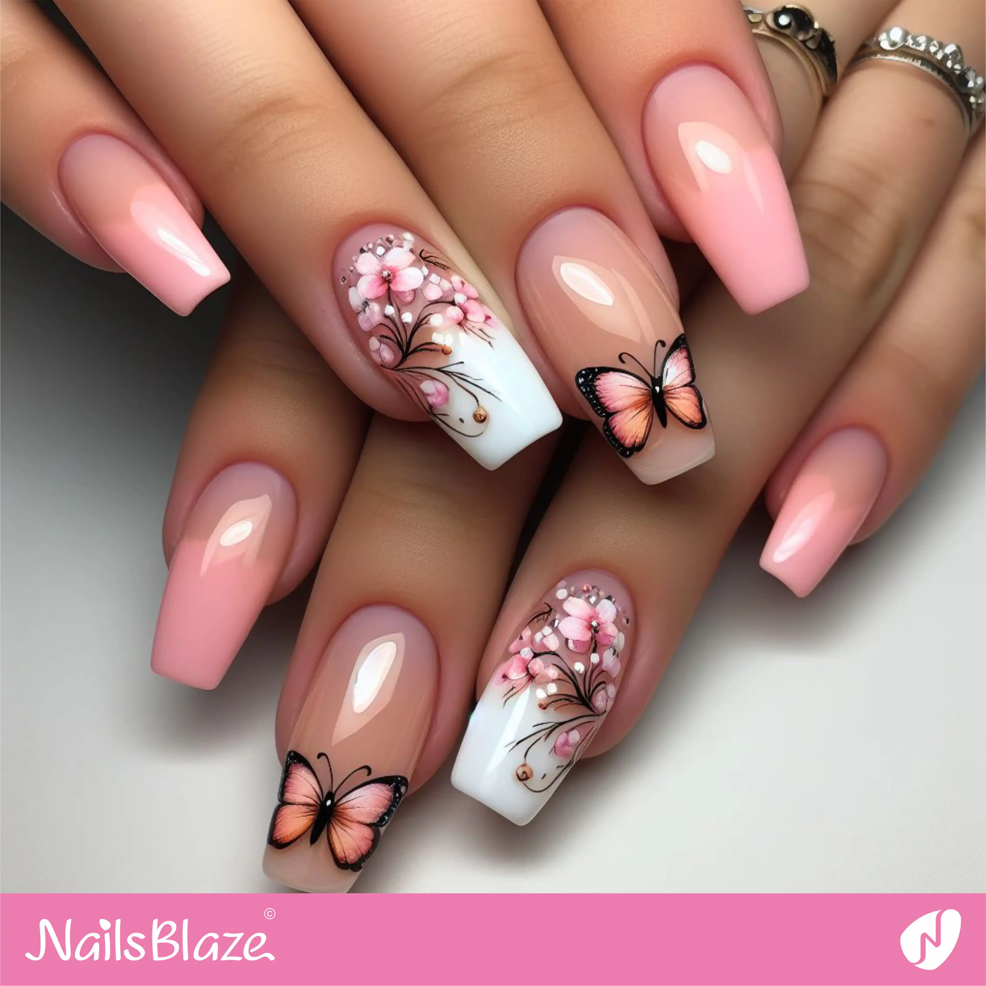 Peach Fuzz Butterfly and Blossom Nail Art | Color of the Year 2024 - NB1792